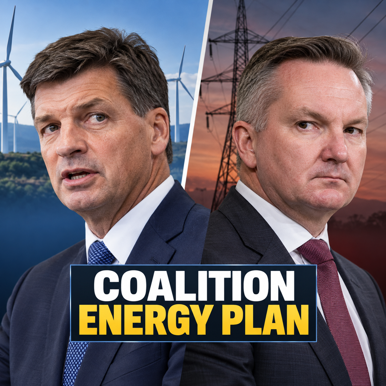 Angus Taylor and Chris Bowen in an editorial split image about the Coalition energy plan