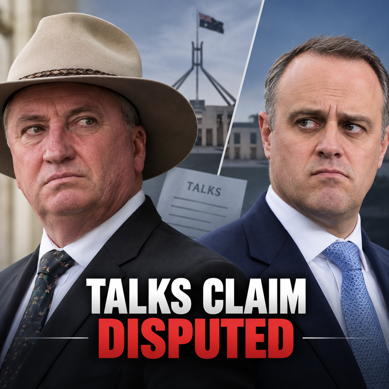 Barnaby Joyce and Tim Wilson in an editorial split image about disputed One Nation-Liberal talks
