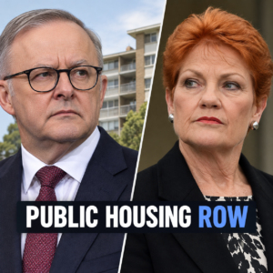 Anthony Albanese and Pauline Hanson in an editorial split image about a public housing political dispute