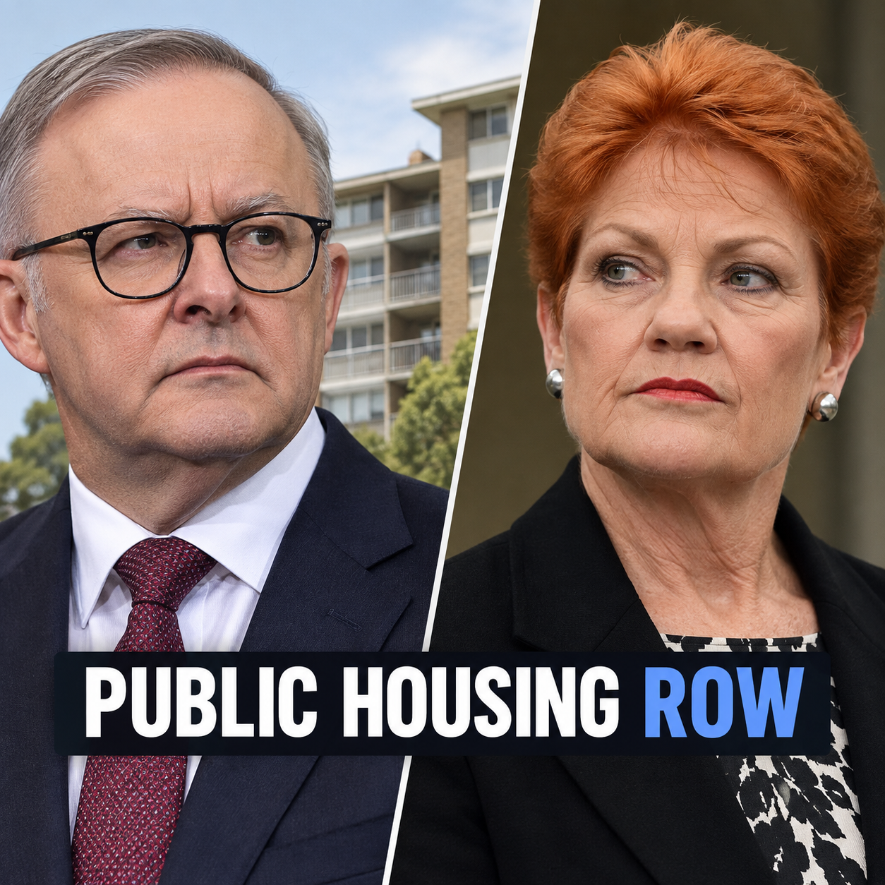 Anthony Albanese and Pauline Hanson in an editorial split image about a public housing political dispute