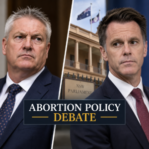 Mike Newman and Chris Minns in an editorial split image about NSW abortion policy