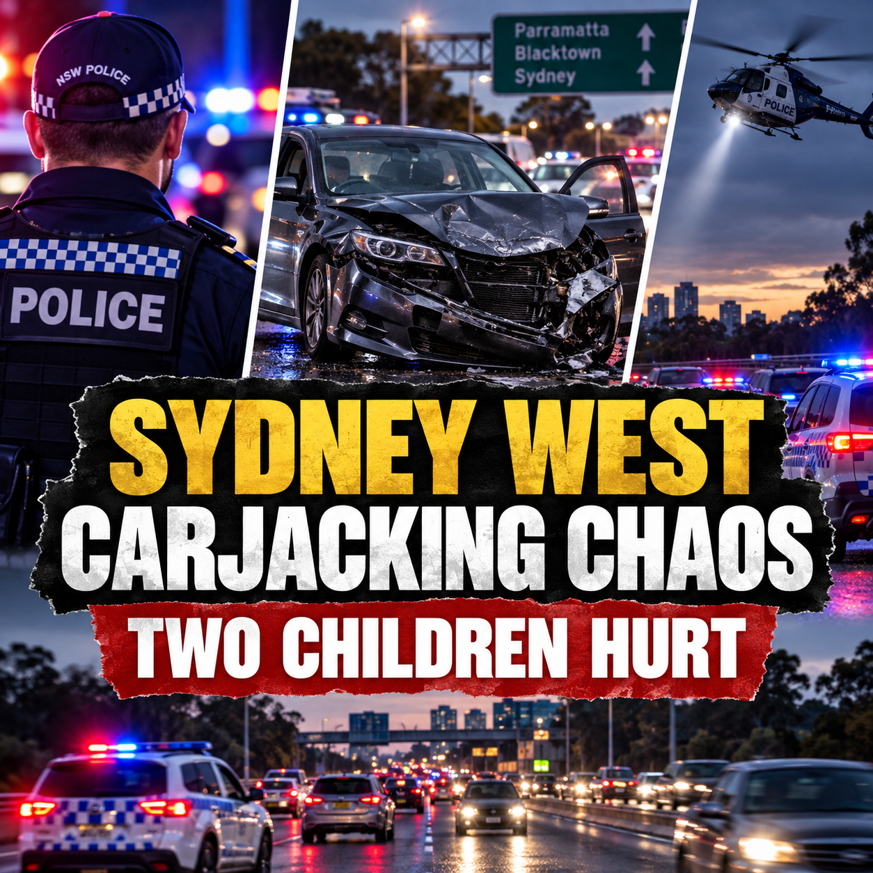 Editorial graphic showing NSW Police, a damaged vehicle and western Sydney traffic after an alleged carjacking and pursuit.