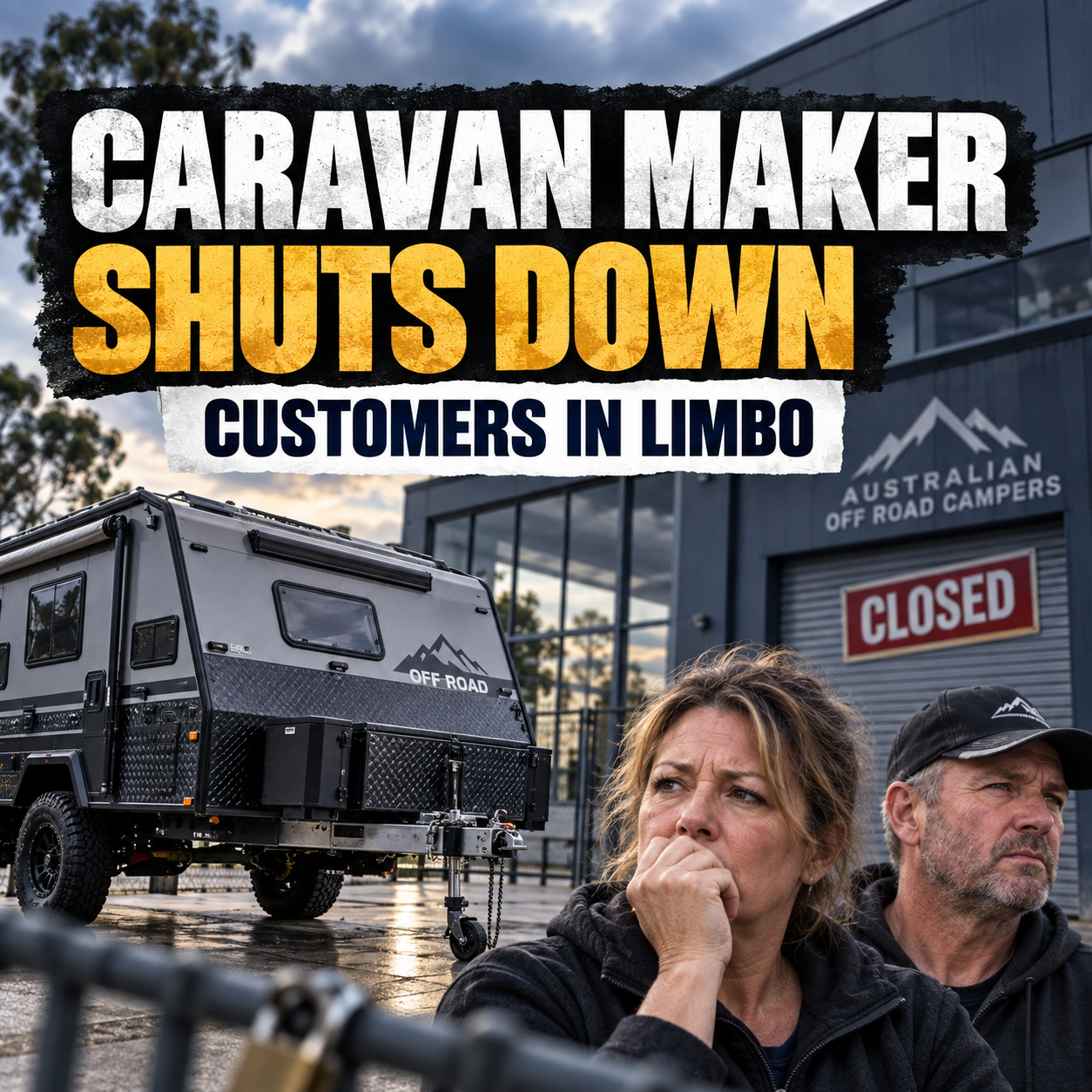 Editorial graphic showing an off-road caravan outside a closed Australian Off Road Campers facility with the headline Caravan Maker Shuts Down — Customers in Limbo.