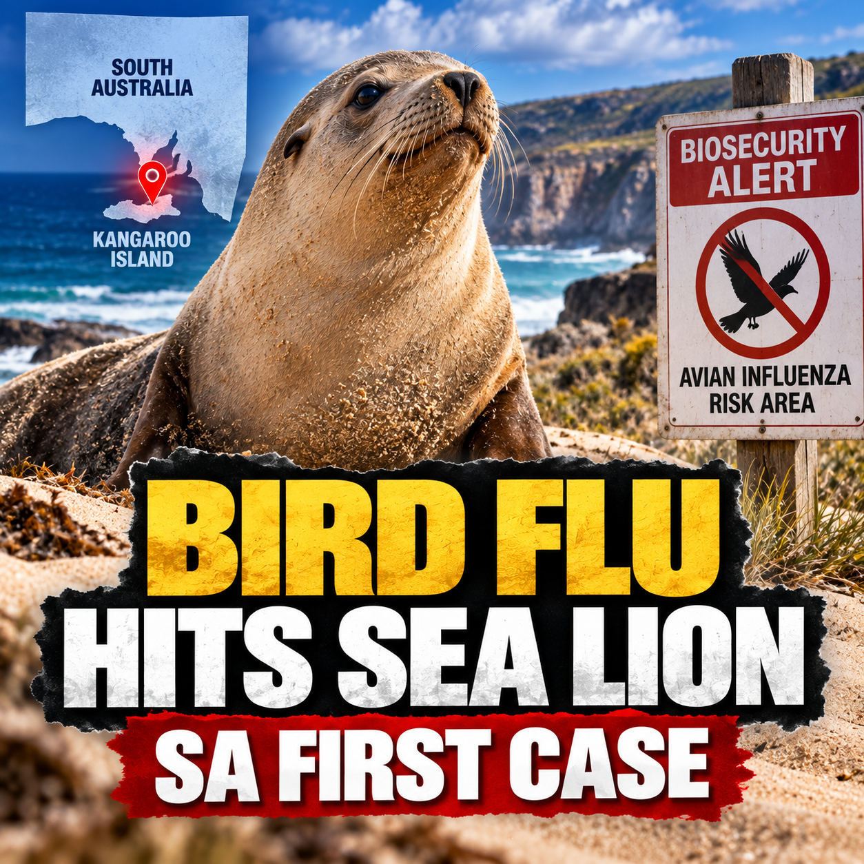 Editorial graphic showing an Australian sea lion at Kangaroo Island with a biosecurity warning and the headline Bird Flu Hits Sea Lion — SA First Case.