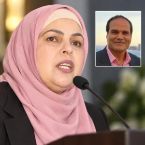 Nirmeen Noufl speaking with an inset portrait of her husband