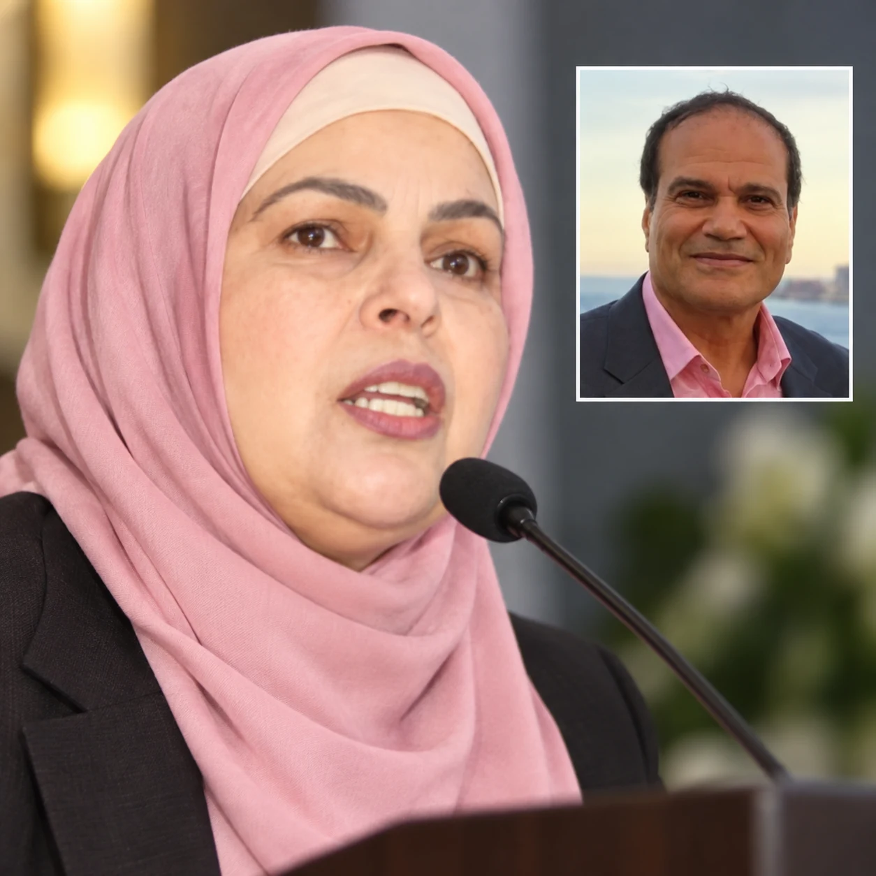 Nirmeen Noufl speaking with an inset portrait of her husband