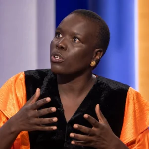 Lawyer Nyadol Nyuon speaking during a television studio discussion