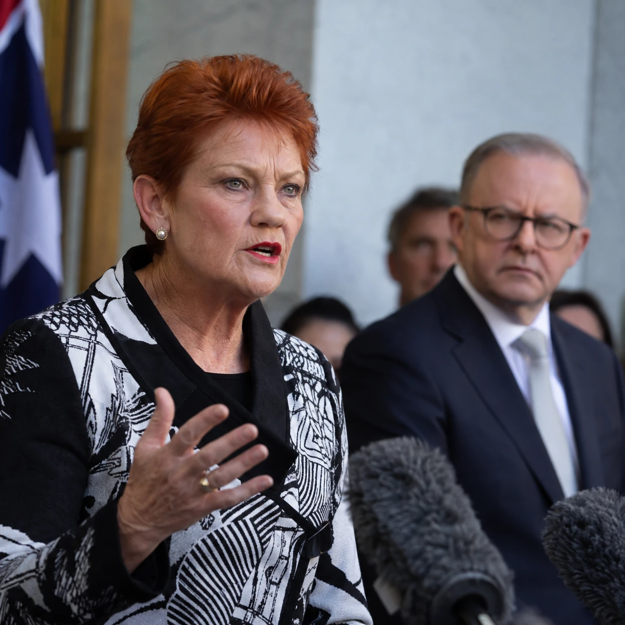 Pauline Hanson speaking to reporters with Anthony Albanese in the background