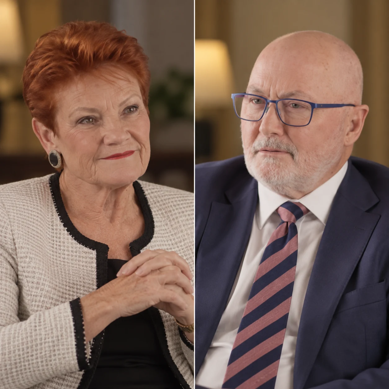 Pauline Hanson shown alongside a male interviewer in a split-screen portrait.