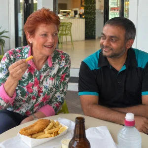 Pauline Hanson seated at a cafe table with a man during a casual conversation