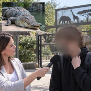 Blurred teenager being interviewed outside a zoo with a crocodile inset