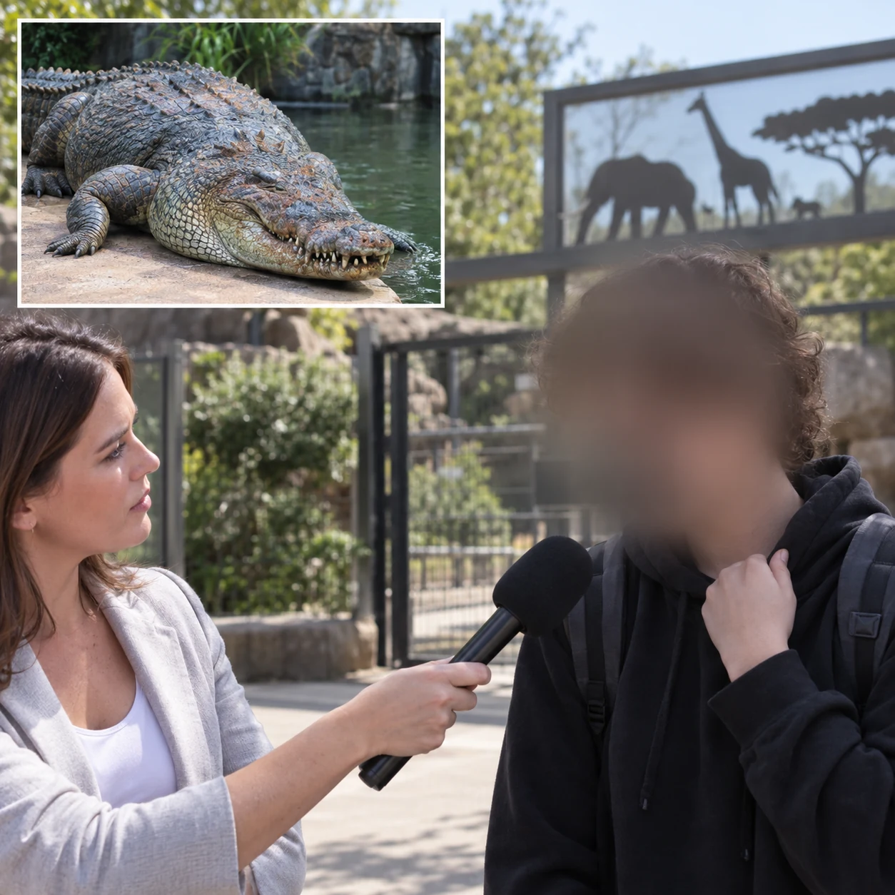 Blurred teenager being interviewed outside a zoo with a crocodile inset