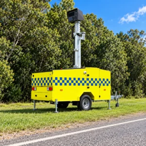 Queensland mobile speed camera trailer beside a road