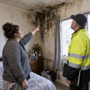 Tenant and housing inspector examining severe black mould in a South Australian home.