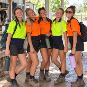 A group of seasonal farm workers wearing high-visibility work shirts.