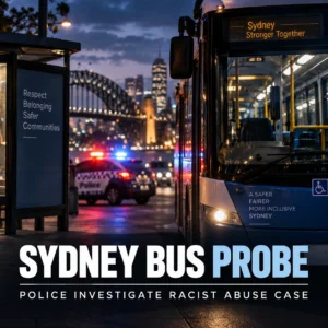 Symbolic editorial graphic of a Sydney bus and police investigation