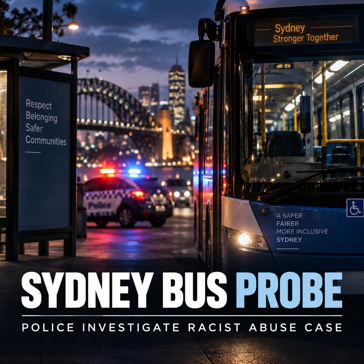 Symbolic editorial graphic of a Sydney bus and police investigation
