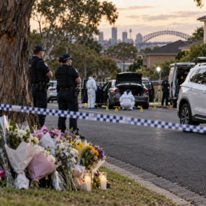 Police and forensic investigators at a suburban Sydney crime scene, with a small memorial nearby.