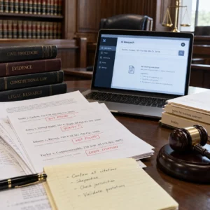 Legal research desk with case citations and AI search tools representing concerns over fabricated case law.