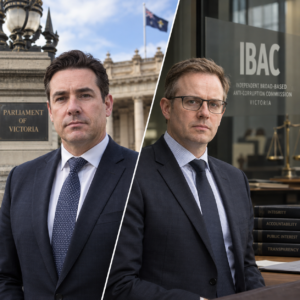 Editorial illustration of Victoria's IBAC reform and public interest immunity policy debate