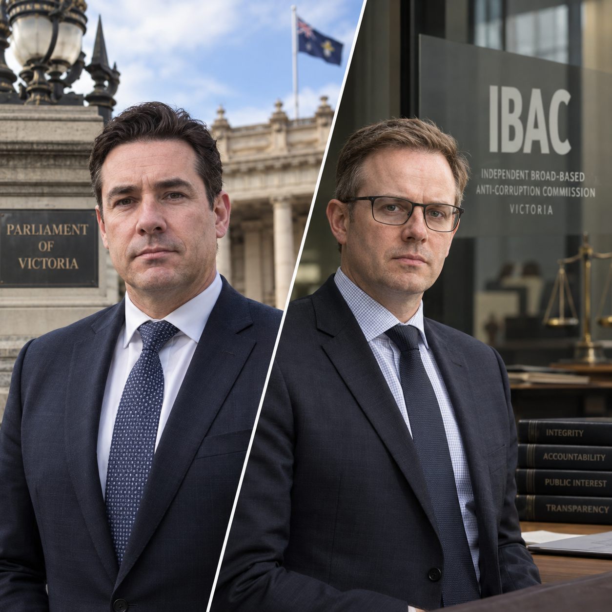 Editorial illustration of Victoria's IBAC reform and public interest immunity policy debate