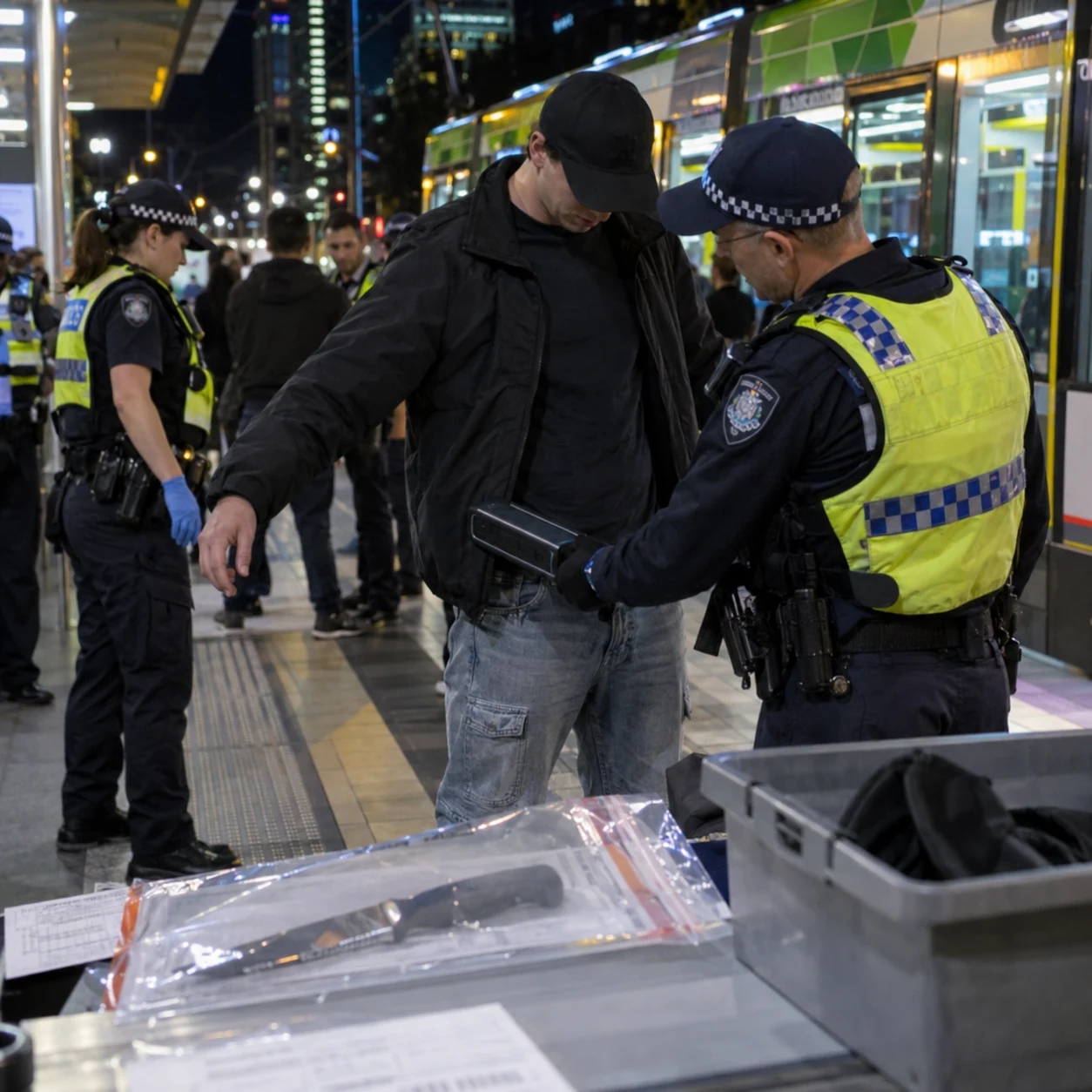 Police conducting a public safety search at a Melbourne transport stop at night.
