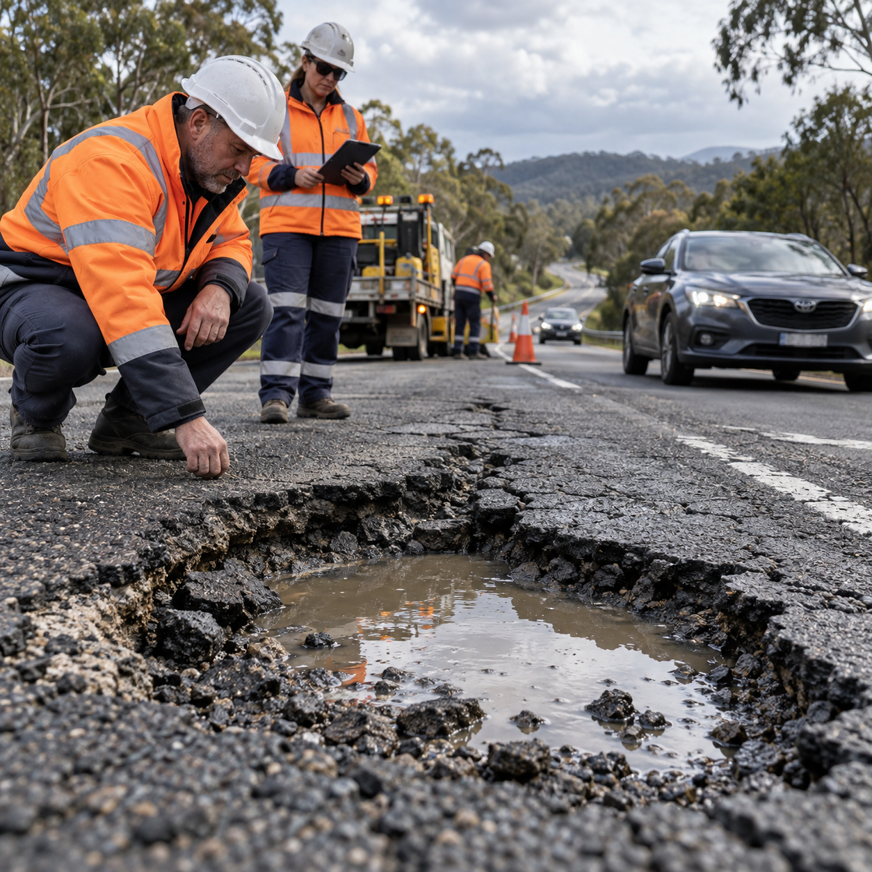 AI-generated illustrative image representing road inspection and pothole maintenance in Victoria.