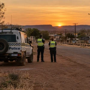 Western Australian police officers beside a patrol vehicle in a remote northern town at sunset.