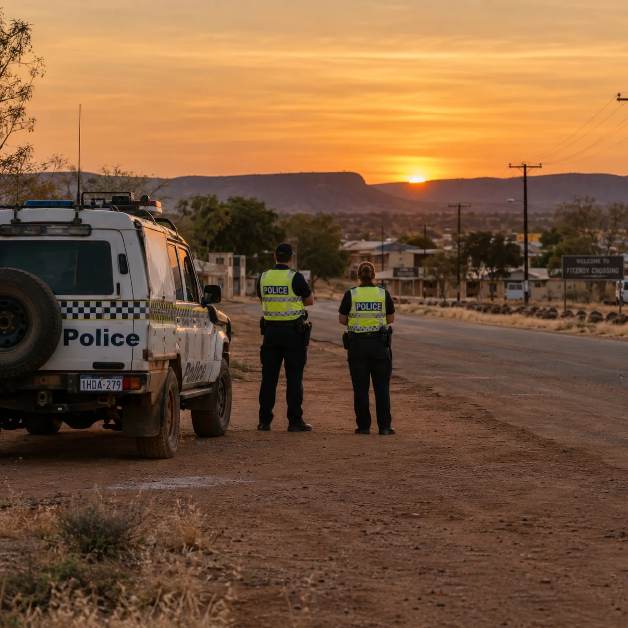Western Australian police officers beside a patrol vehicle in a remote northern town at sunset.
