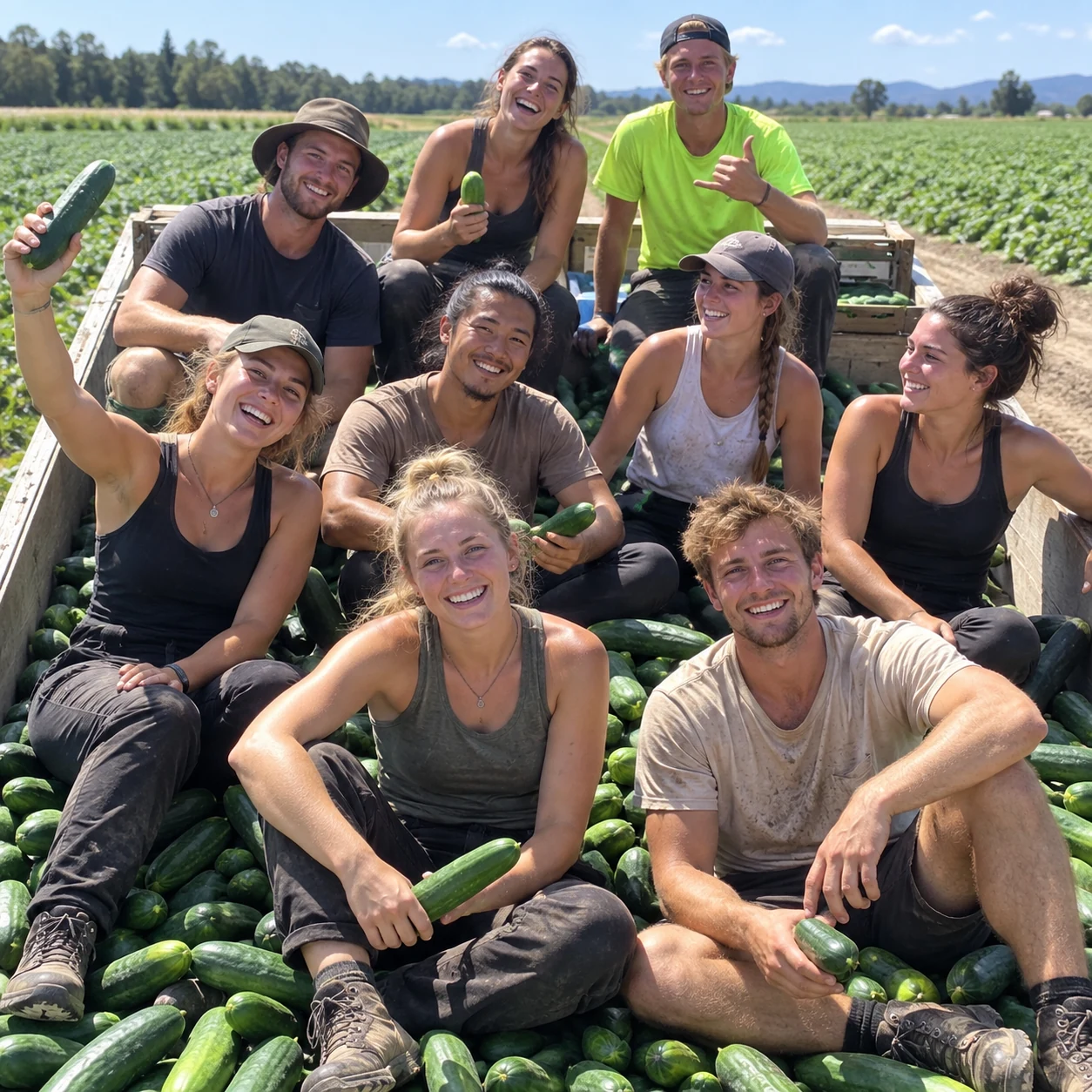 Young farm workers sitting among harvested cucumbers