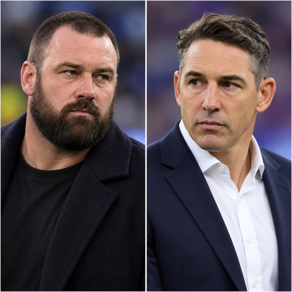 Editorial split portrait illustration of Aaron Woods and Billy Slater