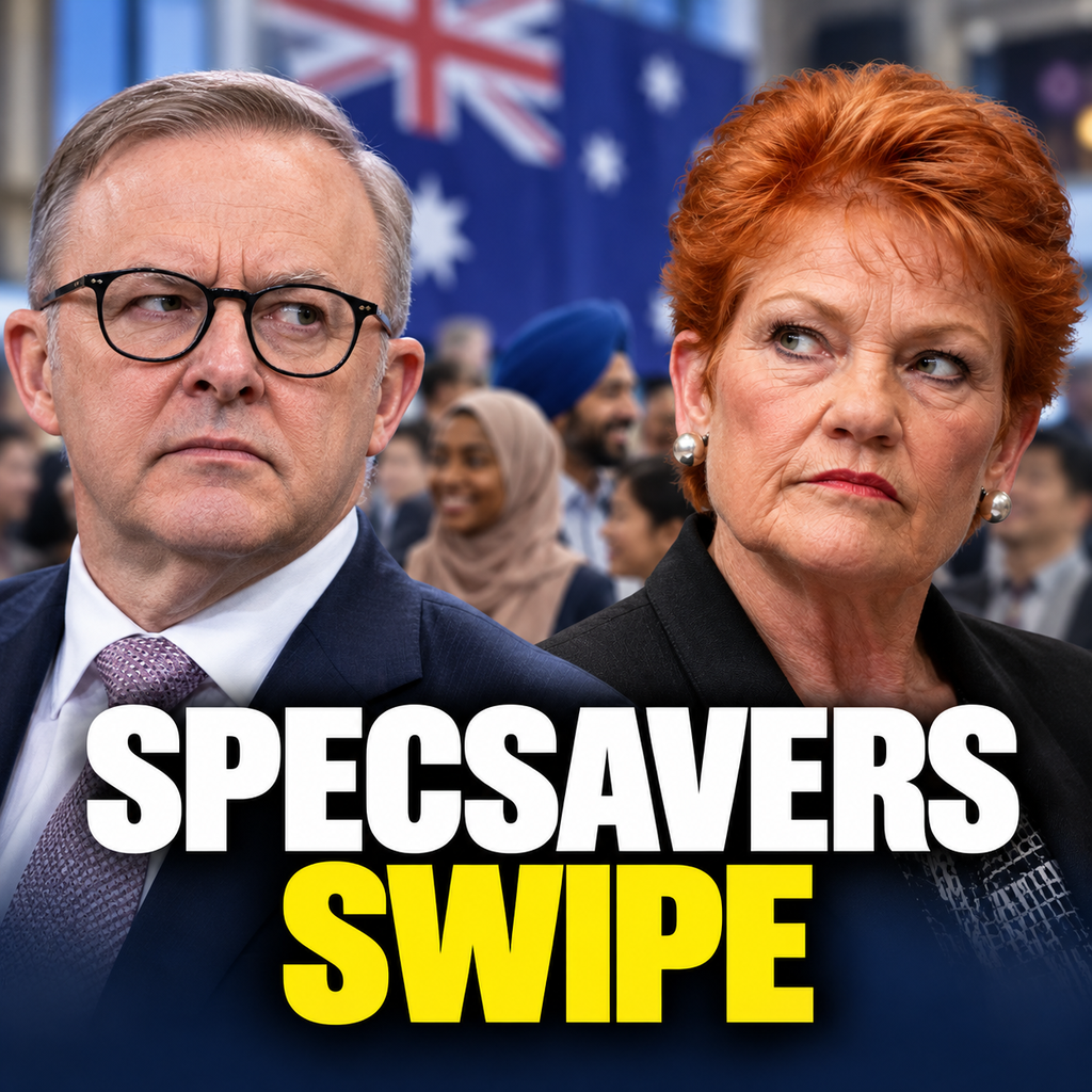Editorial composite of Anthony Albanese and Pauline Hanson with an Australian flag and multicultural crowd.