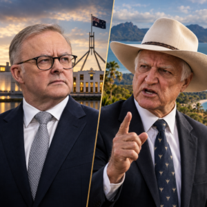 Anthony Albanese and Bob Katter in a split portrait composition with Parliament House and North Queensland backdrops.