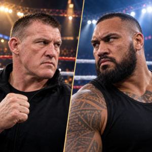 Paul Gallen and Nelson Asofa-Solomona shown in separate portrait panels against boxing venue lighting.