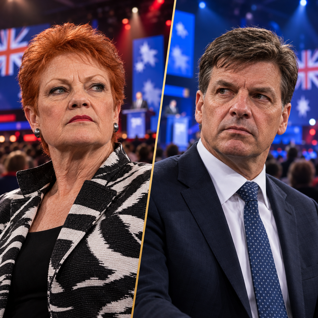 Pauline Hanson and Angus Taylor shown separately against conservative conference-themed backgrounds.