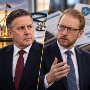 Mark Butler and James Paterson in separate portrait panels with private health insurance paperwork.
