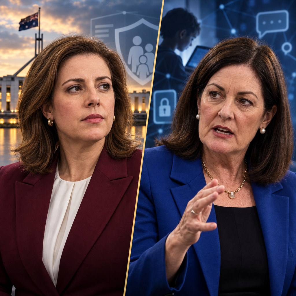 Anika Wells and Sarah Henderson in separate portrait panels with online safety symbols.