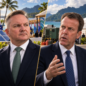 Chris Bowen and Dan Tehan in separate portrait panels with Pacific energy and generator imagery.