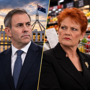 Jim Chalmers and Pauline Hanson in separate portrait panels with supermarket and cost-of-living imagery.