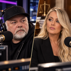 Kyle Sandilands and Jackie O Henderson shown separately with radio studio and legal-document imagery.