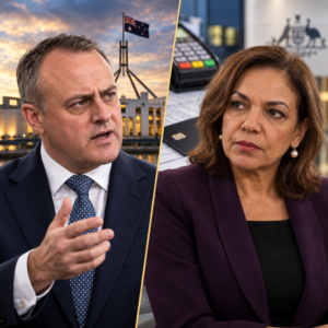 Tim Wilson and Anne Aly in separate portrait panels with card payment and parliamentary backdrops.