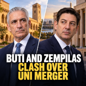 Editorial illustration comparing Tony Buti and Basil Zempilas over a proposed WA university merger.