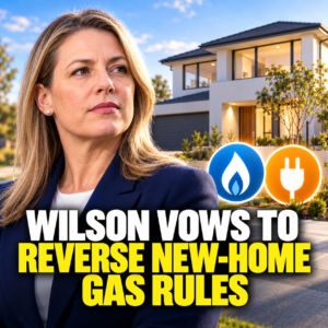 Conceptual image of Jess Wilson and a newly built home with gas and electricity symbols.