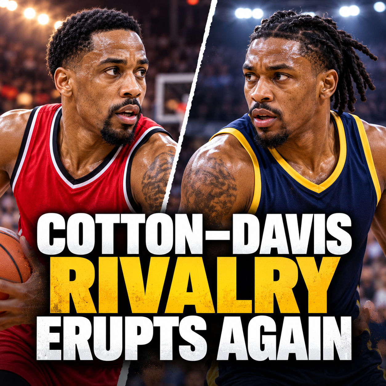 Editorial illustration of basketball rivals Bryce Cotton and Kendric Davis in separate panels.