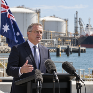 Illustrative official speaking near a fuel facility; not a record of the stated government announcement
