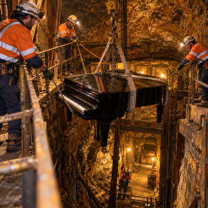Illustrative image of a piano being lowered underground in a mine
