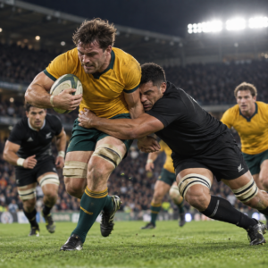 Illustrative rugby action in Wallabies and All Blacks colours; not the October 2026 match photograph