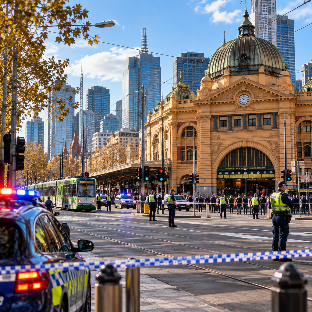 AI-generated illustration of a police cordon near Flinders Street Station in Melbourne