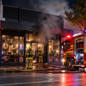 AI-generated illustration of firefighters responding to smoke at a Springvale restaurant