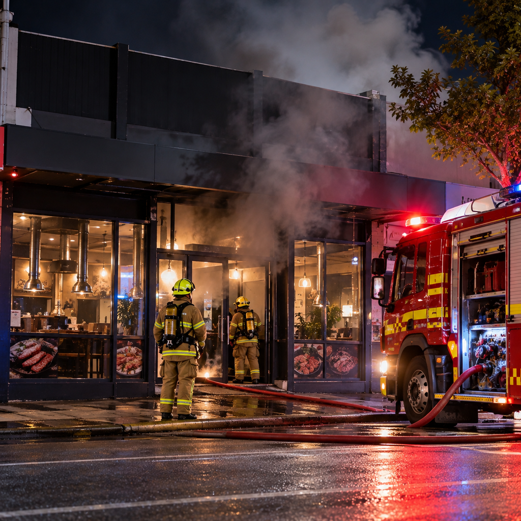 AI-generated illustration of firefighters outside a smoke-affected Melbourne restaurant
